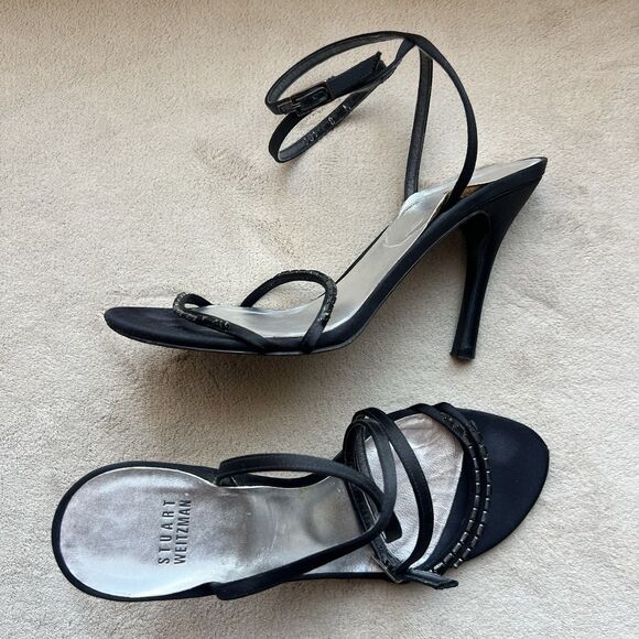 Stuart Weitzman Black Satin Embellished High Heel Strappy Sandals Women 8 Chic - Picture 12 of 16
